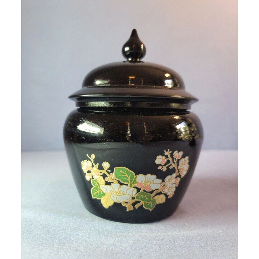 AVON Sugar Bowl Ginger Jar Black Glass Amethyst Vintage 1974 w/Lid